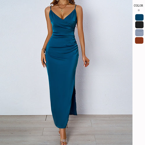 Damen figurbetontes Abendkleid mit V-Ausschnitt und elegantem Drapierungsdesign Drune