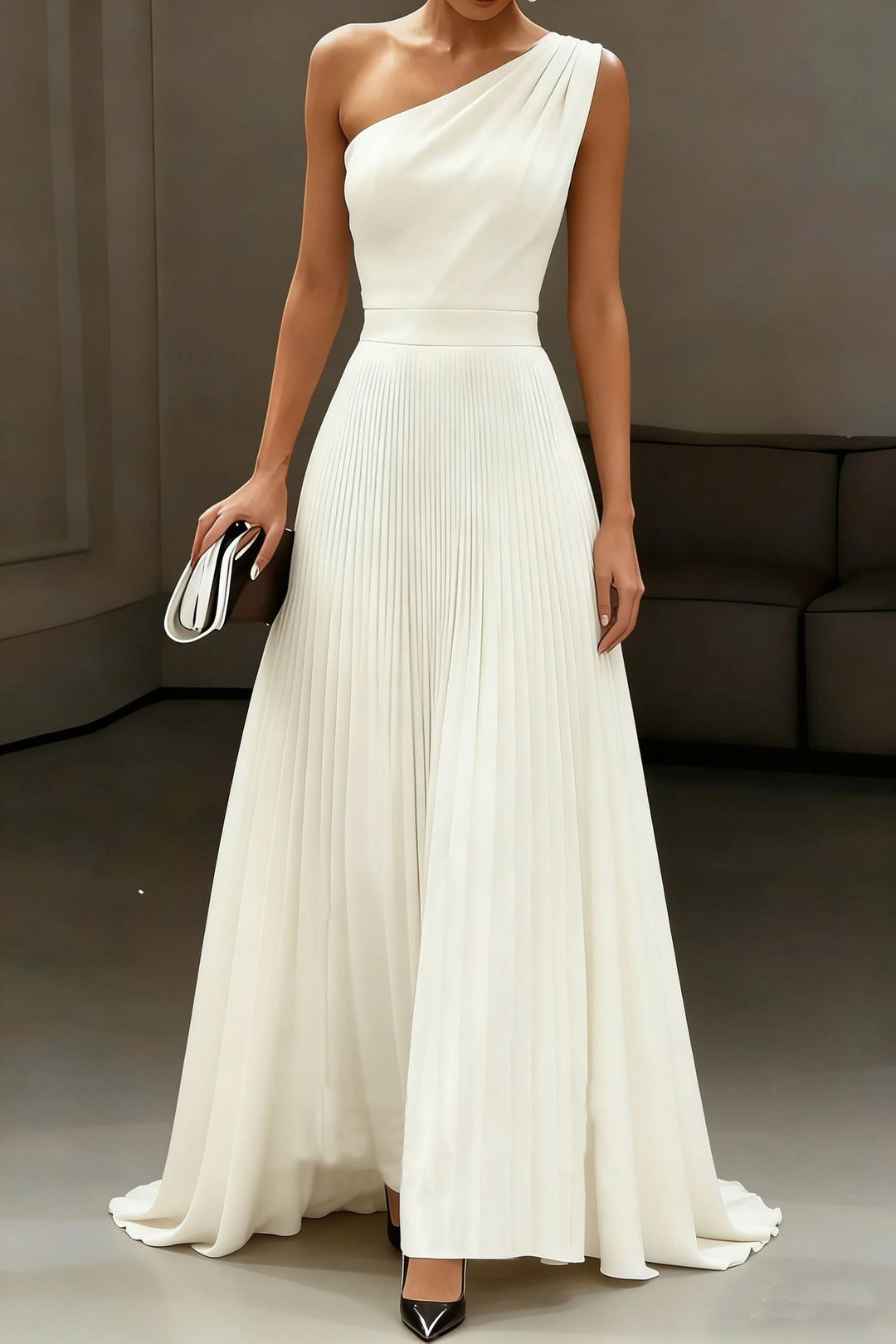 Damen Elegantes einem Schulter-Kleid mit Plissee und fließendem Saum Drune