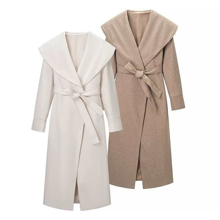 Damen eleganter Mantel mit breitem Revers und Taillengürtel Drune
