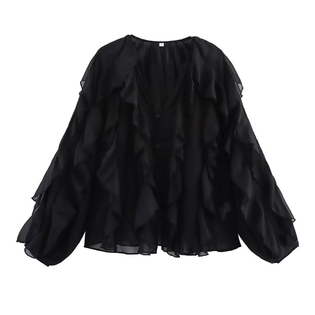 Damen Bluse mit voluminösen Rüschendetails und elegantem Schnitt Drune