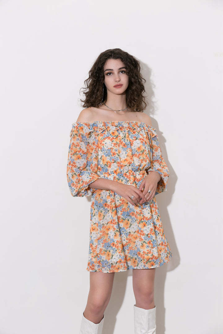 Damen Blütenmuster Off-Shoulder Kleid Drune
