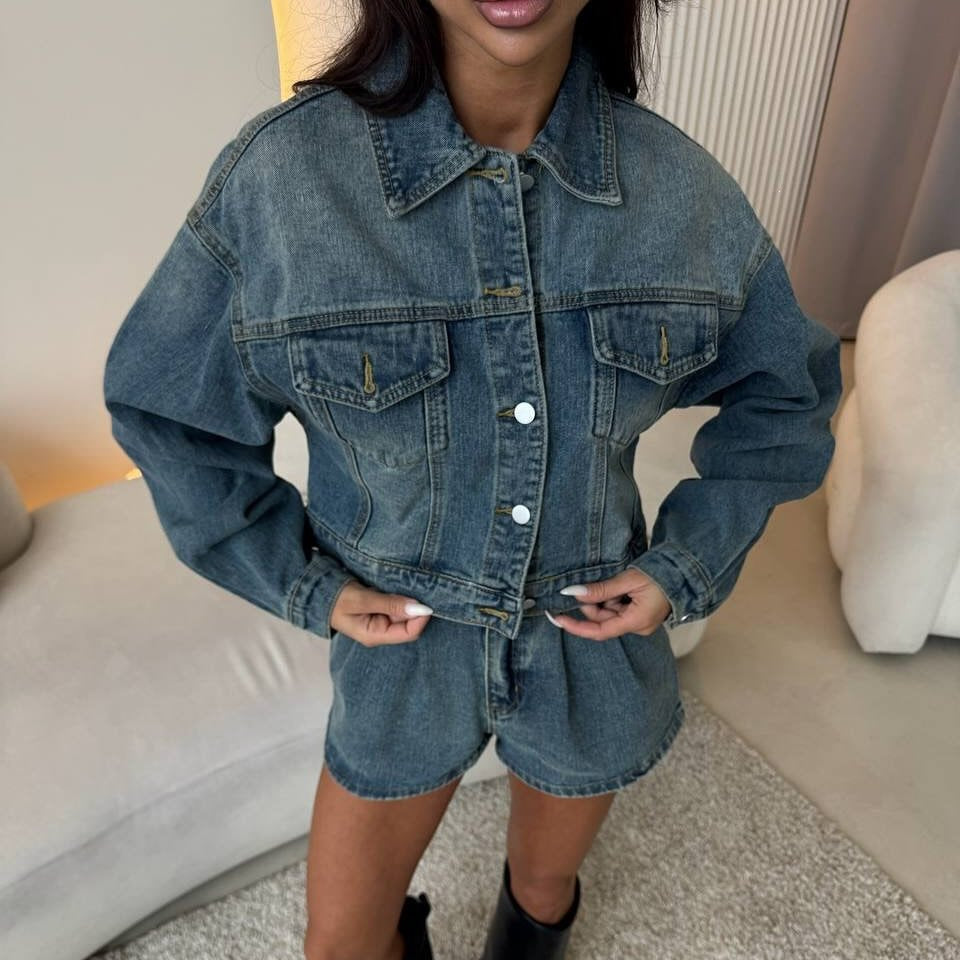 Damen Denim-Jacke mit kurzen Ärmeln und passendem Shorts Drune