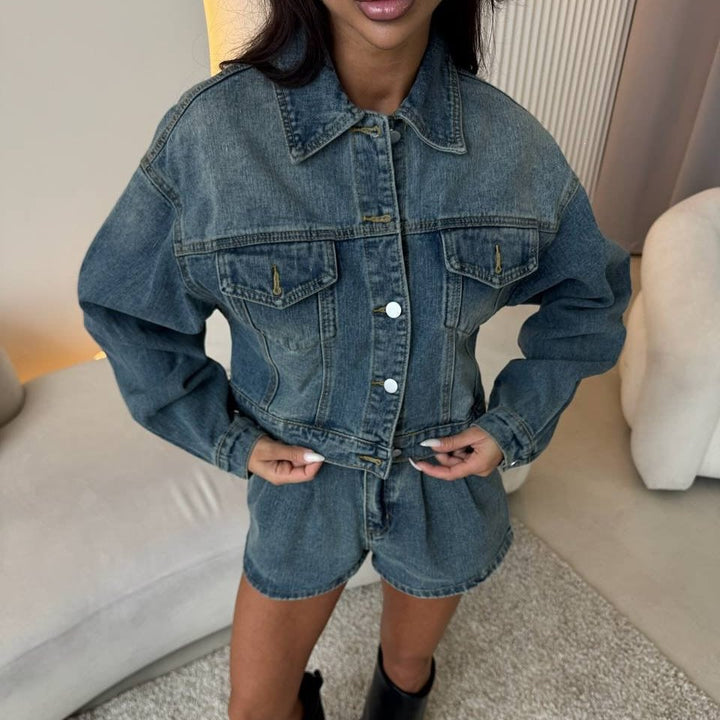 Damen Denim-Jacke mit kurzen Ärmeln und passendem Shorts Drune