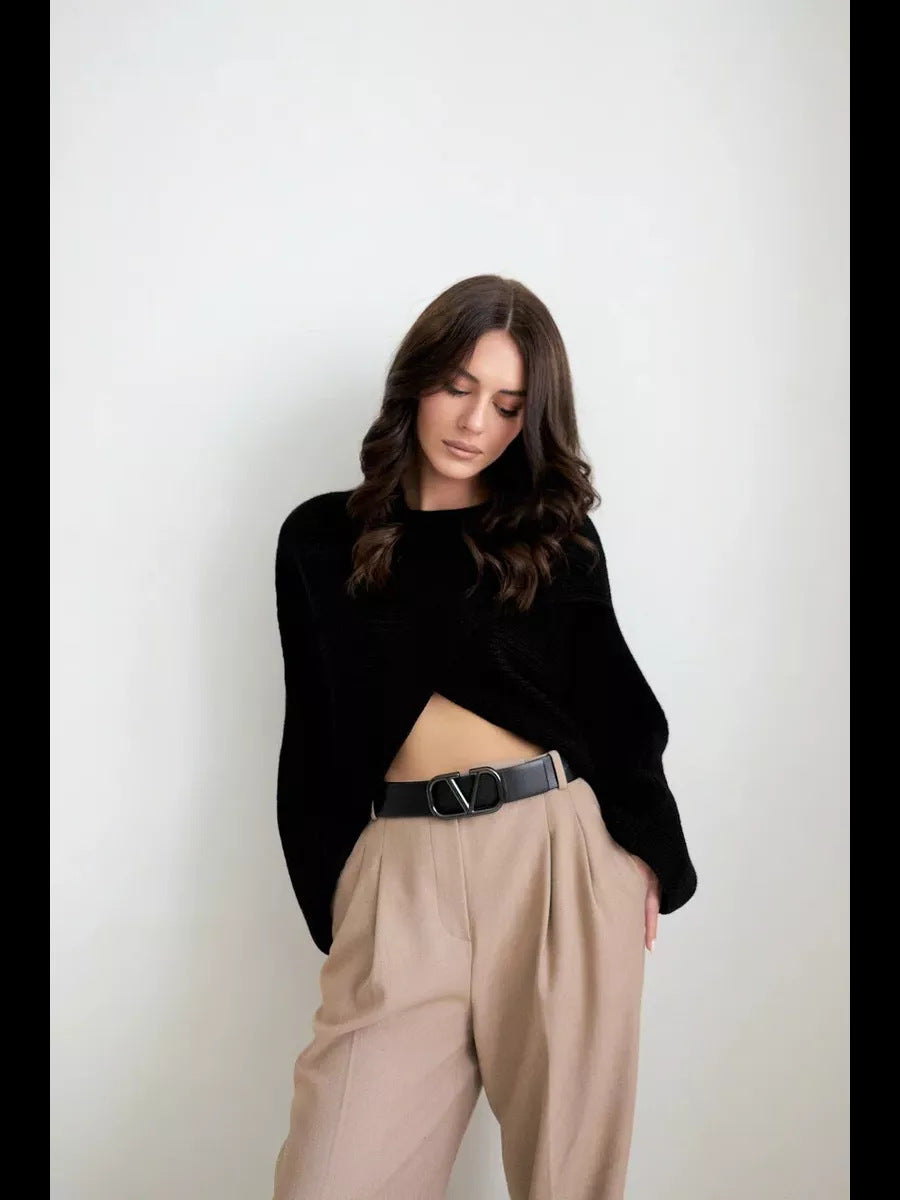 Damen Modischer cropped Strickpullover mit innovativem Schnitt Drune