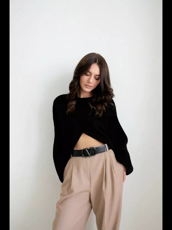Damen lässiger cropped Strickpullover mit weitem Schnitt Drune