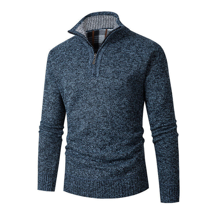 Herren nan grobgestrickter Halfzip-Pullover mit Stehkragen und karierter Krageninnenseite Drune