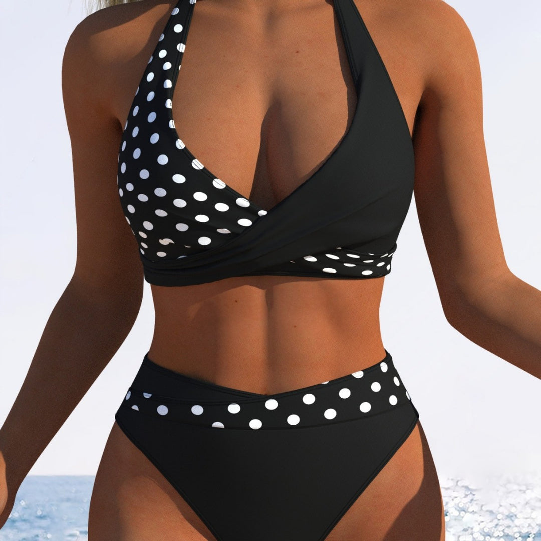 Damen Hoch geschnittenes Bikini-Set mit modischem Wickeloberteil und elastischem Bund Drune