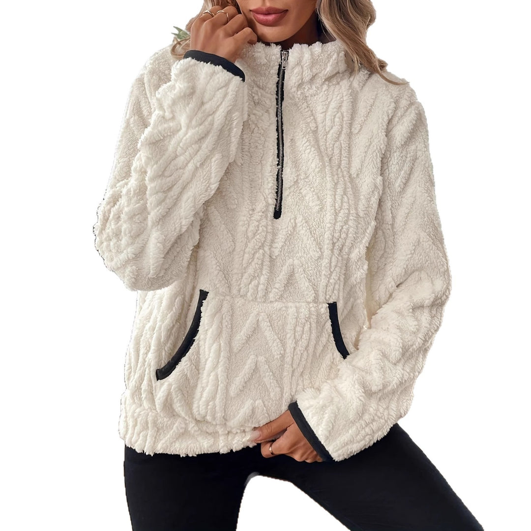 Damen gemütlicher Fleece-Pullover mit halbem Reißverschluss und Kängurutasche Drune