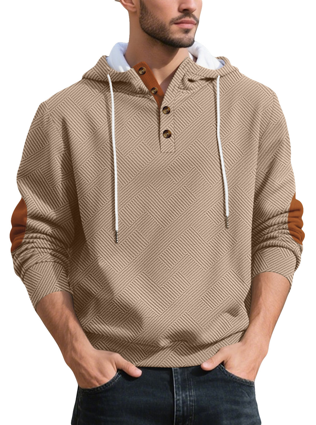 Herren nan strukturierter Kapuzen-Henley-Pullover mit Jacquardstruktur, Knopfleiste und Ellenbogenpatches Drune
