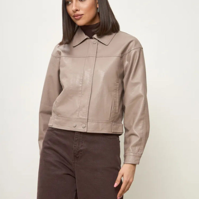 Damen modische cropped Kunstlederjacke mit eleganten Details Drune