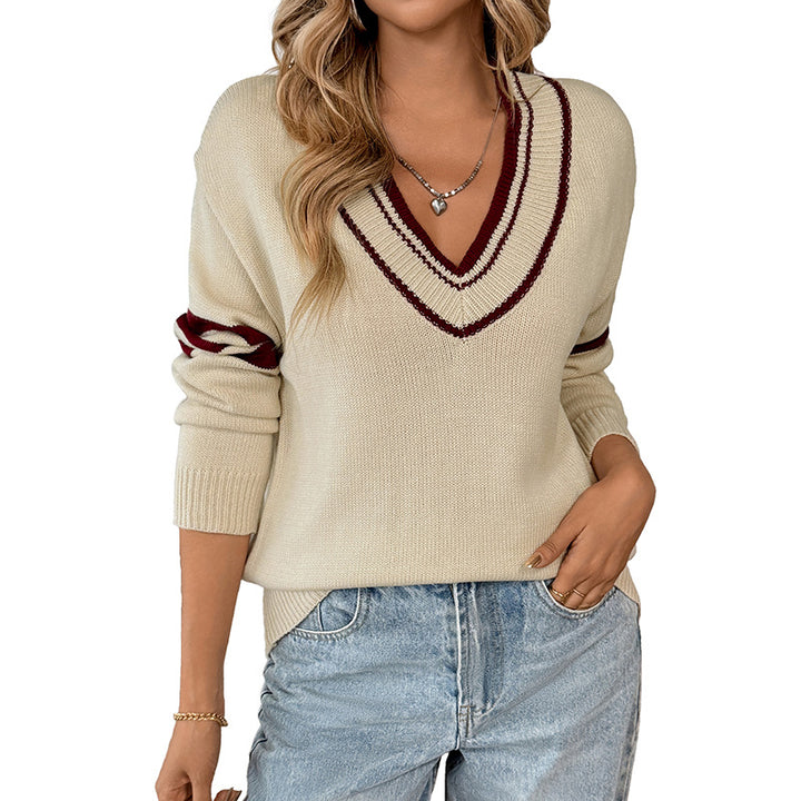 Damen lockerer Pullover mit V-Ausschnitt und Kontraststreifen Drune