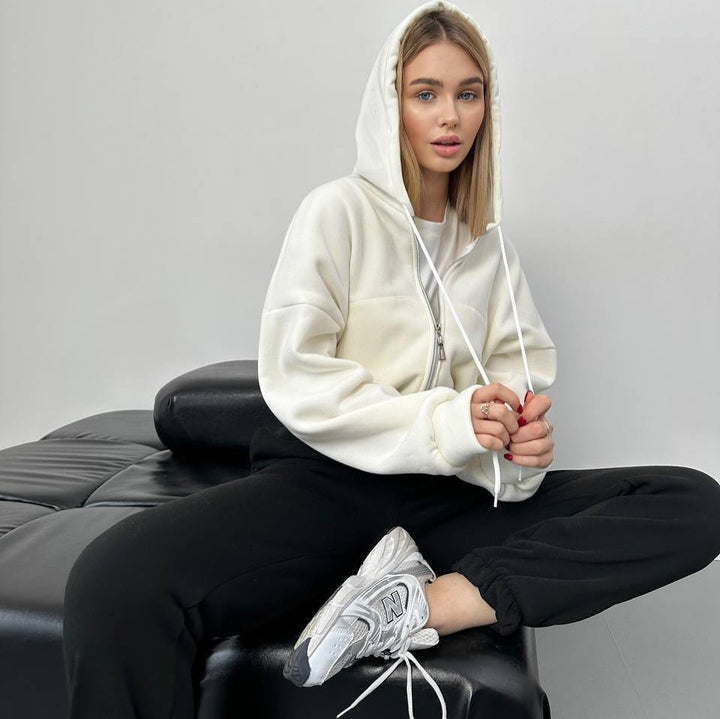 Damen modischer cropped Hoodie mit durchgehendem Reißverschluss und oversized Passform Drune