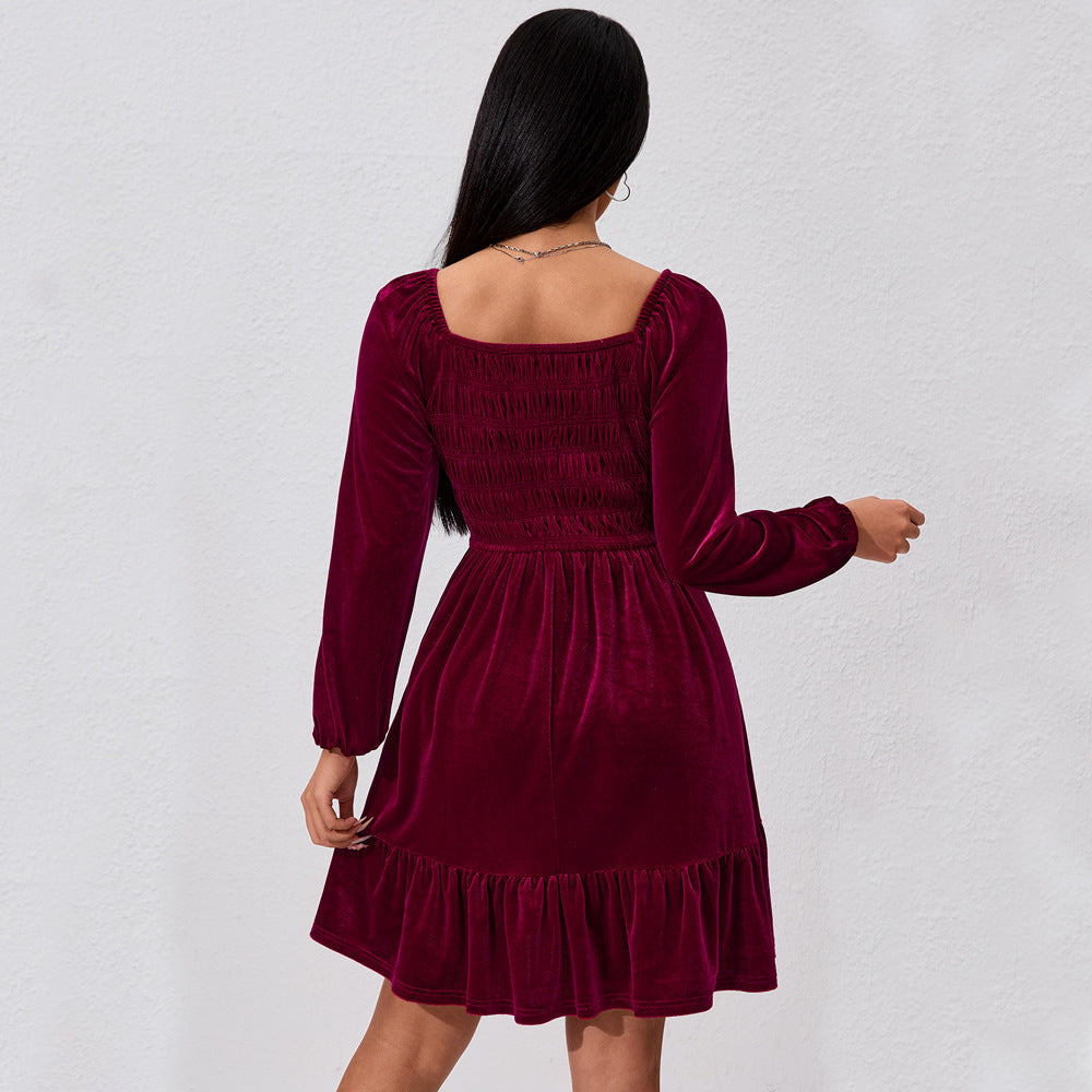 Damen Samt Minikleid mit Rüschendetails und elastischem Bund Drune