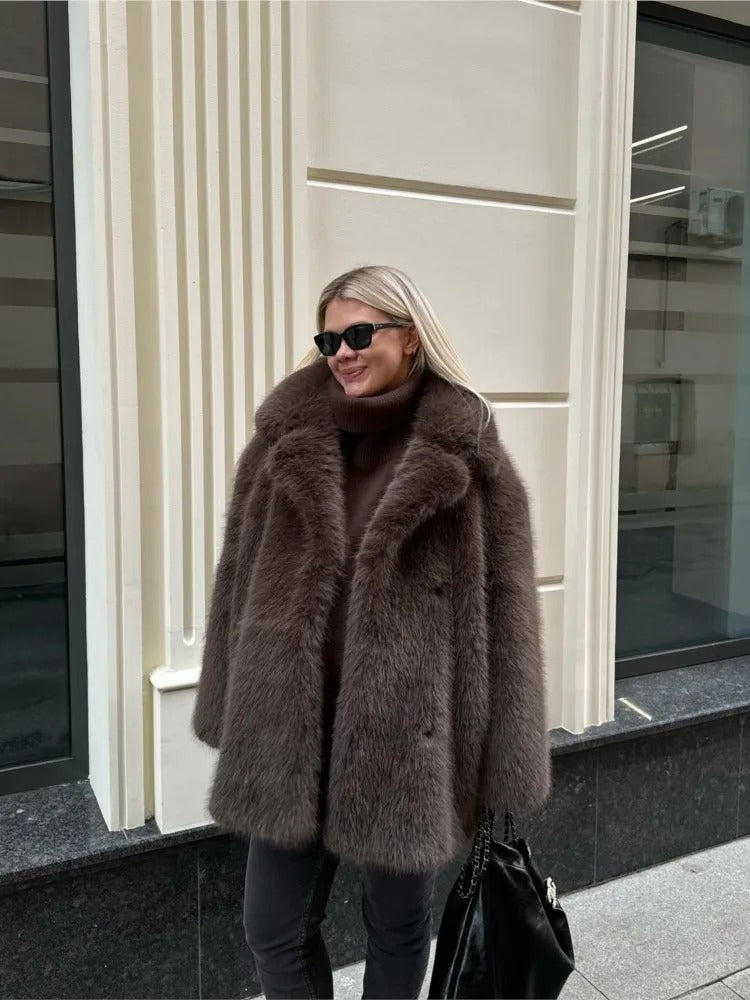 Damen Modische Kunstfelljacke mit voluminösen Ärmeln Drune