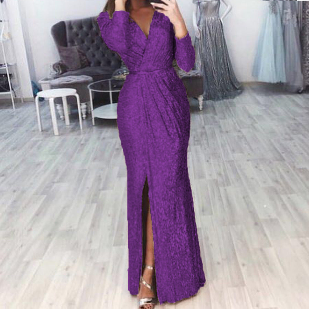 Damen langes Abendkleid mit elegantem Wickelschnitt und Schlitz Drune