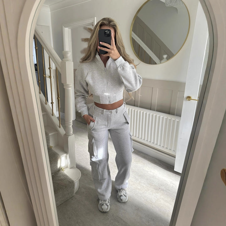 Damen modisches Cropped Jacken- und Cargo-Hosen-Set Drune