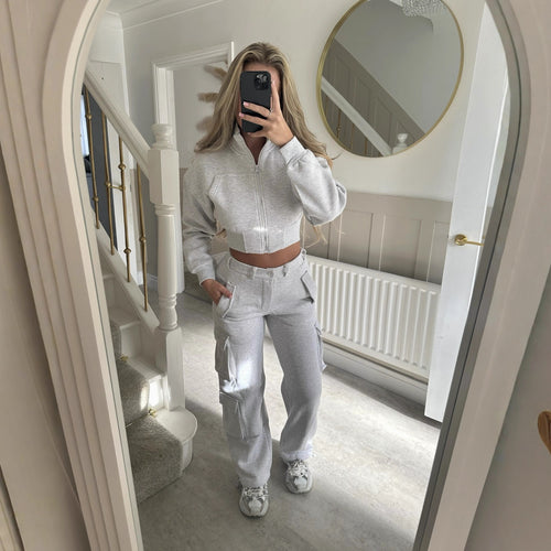 Damen modisches Cropped Jacken- und Cargo-Hosen-Set Drune