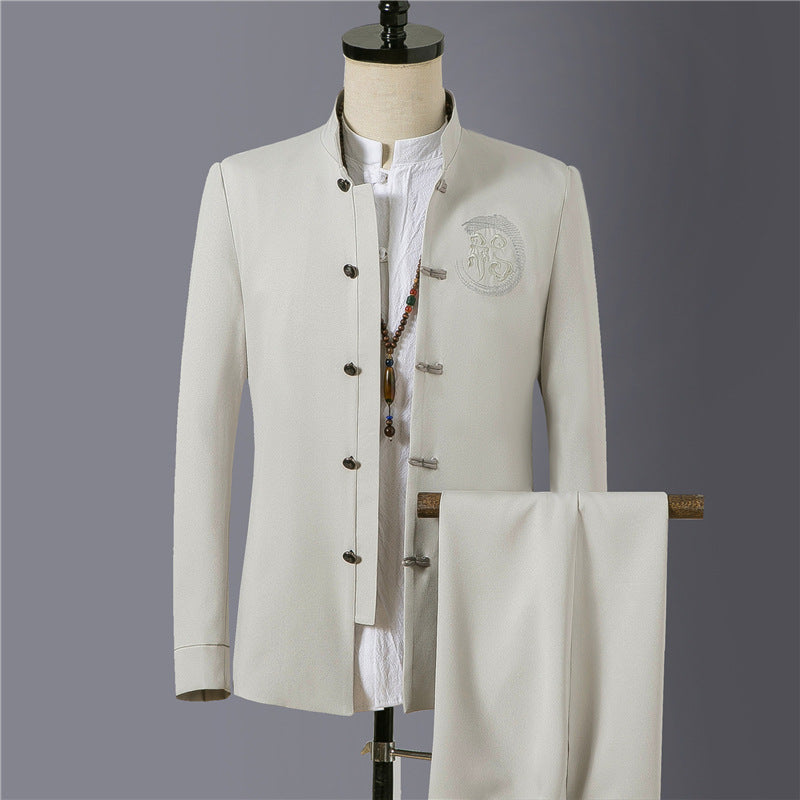 Herren nan asiatisch inspirierte Mandarinjacke mit Stehkragen, Knotenknopfleiste und tonalem Stick-Emblem Drune