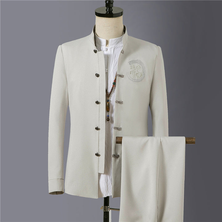 Herren nan asiatisch inspirierte Mandarinjacke mit Stehkragen, Knotenknopfleiste und tonalem Stick-Emblem Drune
