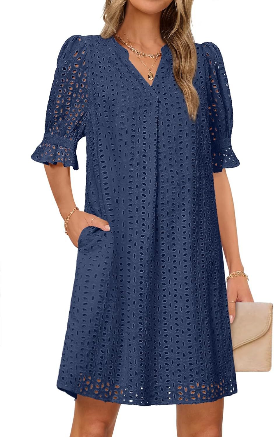 Damen luftiges Sommerkleid mit romantischem Lochmuster und praktischen Taschen Drune