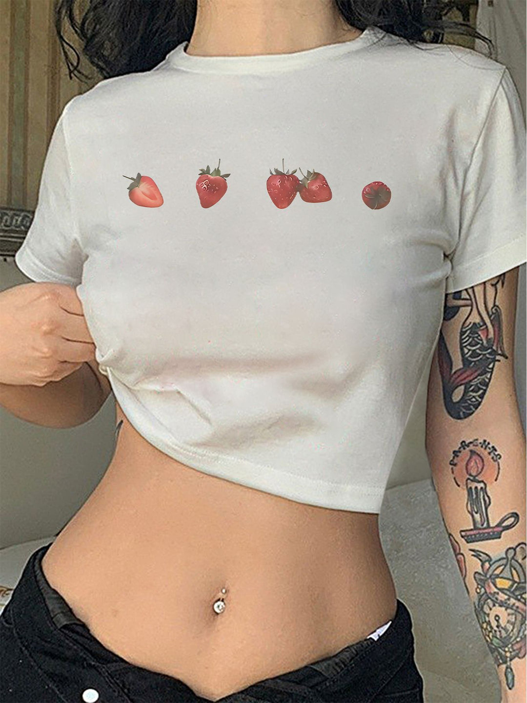 Damen Crop-T-Shirt mit kreativem Totenkopf-Design und figurbetontem Schnitt Drune
