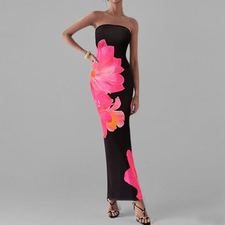 Anmutiges Blumenmuster Schulterfreies Figurbetontes Kleid Drune
