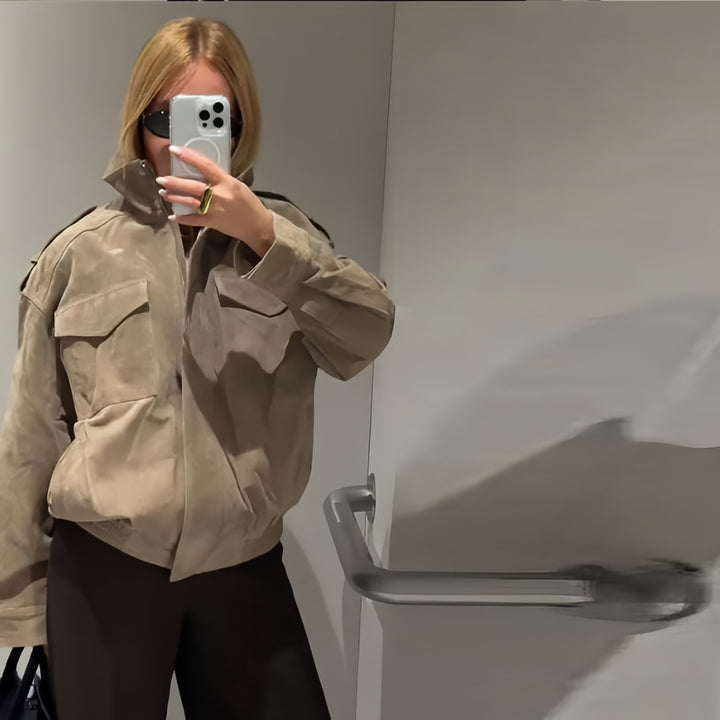 Damen Modische Oversized-Wildlederjacke mit praktischen Taschen und hohem Kragen Drune