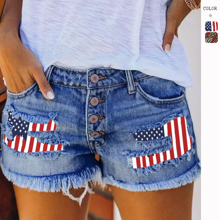 Damen Denim-Shorts mit Vintage-Fransen und patriotischen Applikationen Drune
