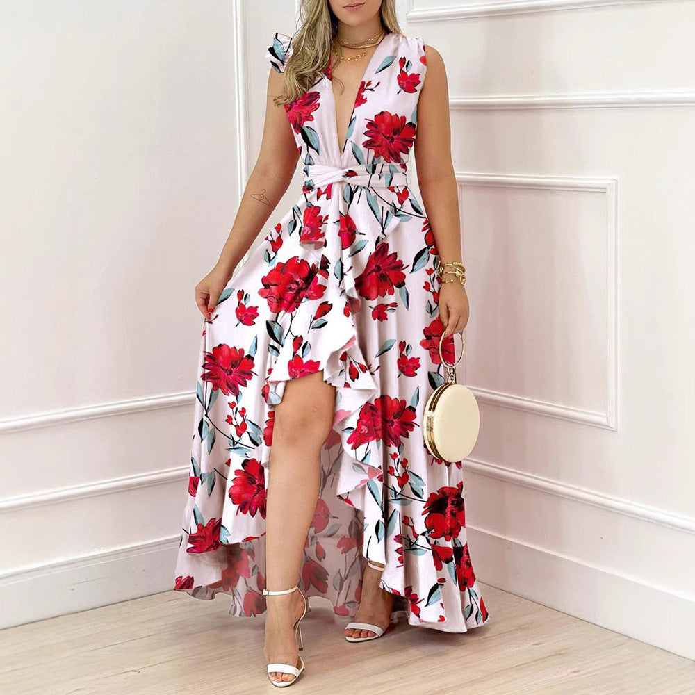 Damen Maxikleid mit auffälligem Palmenmuster und elegantem V-Ausschnitt Drune