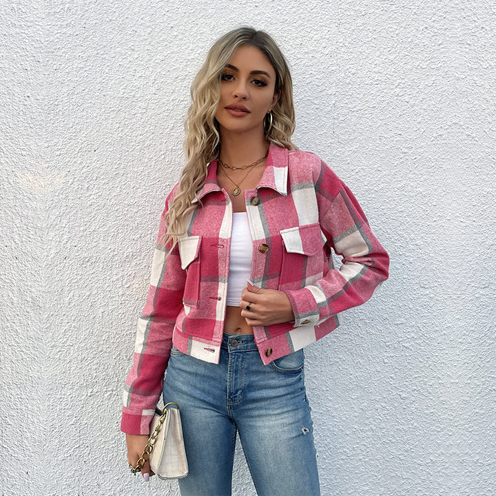 Damen cropped Karo-Jacke mit praktischen Taschen und modischen Details Drune