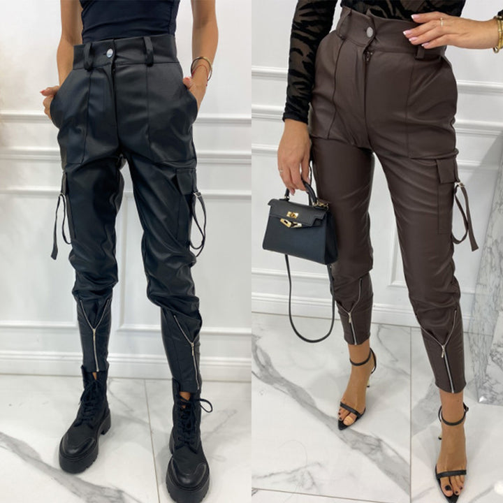 Damen wasserdichte Kunstleder-Cargo-Hose mit Reißverschlüssen und verstellbaren Bündchen Drune