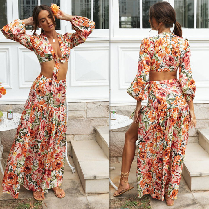 Damen Boho-Chic Maxikleid mit Volant und Puffärmeln Drune