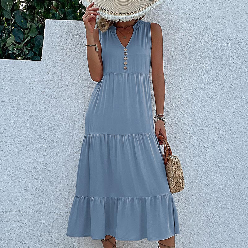 Damen luftiges Maxikleid mit Knopfdetails und Rüschensaum Drune