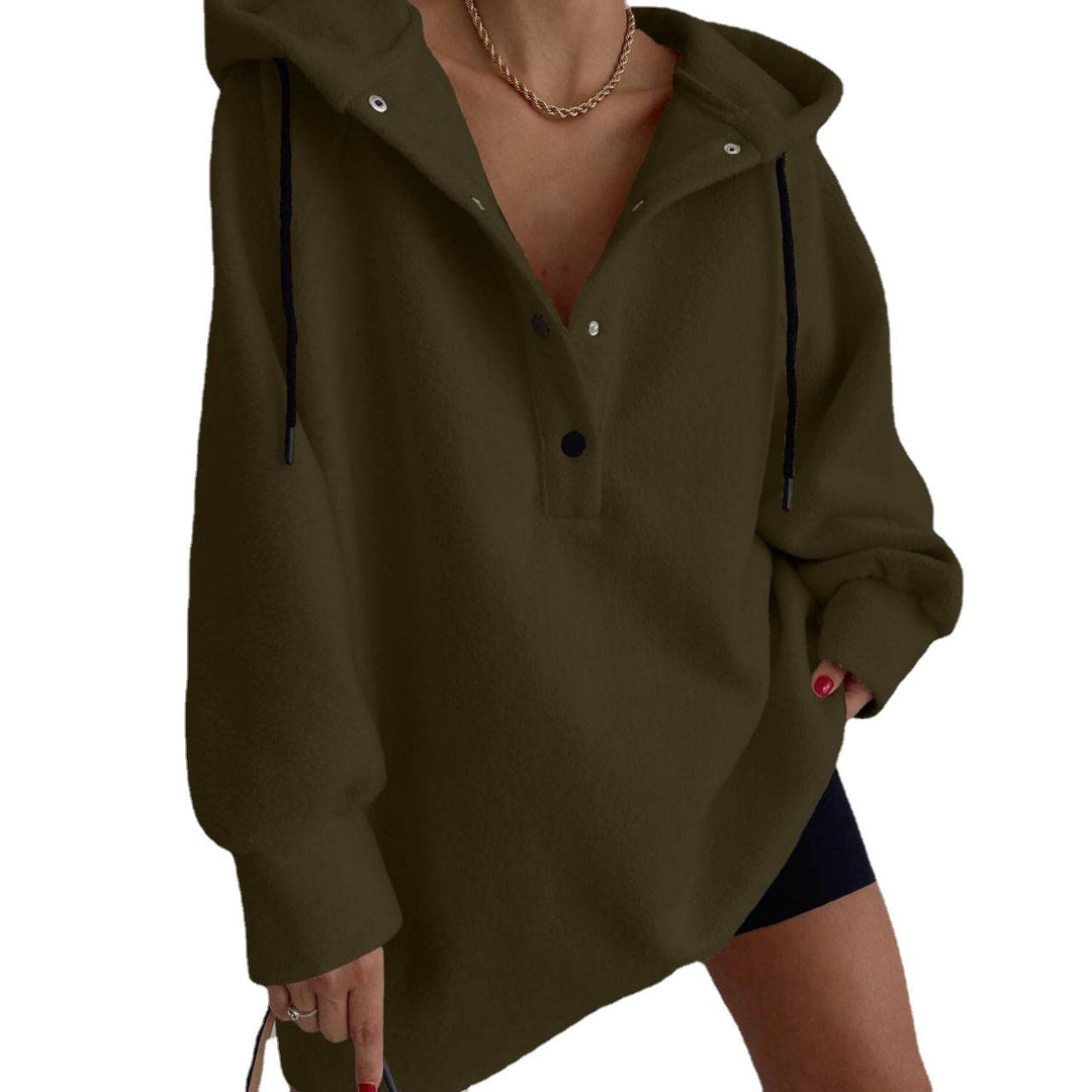 Damen nan kuscheliges Kapuzen-Fleece-Tunika-Sweatshirt mit Druckknopfleiste und überschnittener Schulter Drune