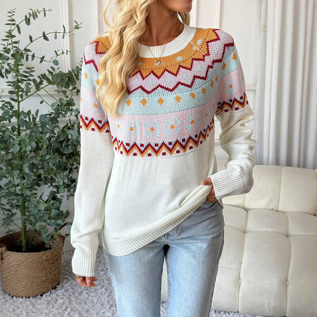 Damen modischer Pullover mit geometrischem Strickmuster und Rundhalsausschnitt Drune