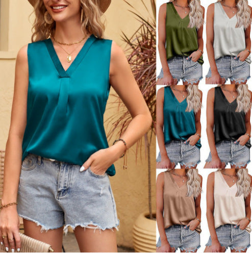 Damen Satin V-Ausschnitt Bluse mit eleganter Faltenverzierung Drune