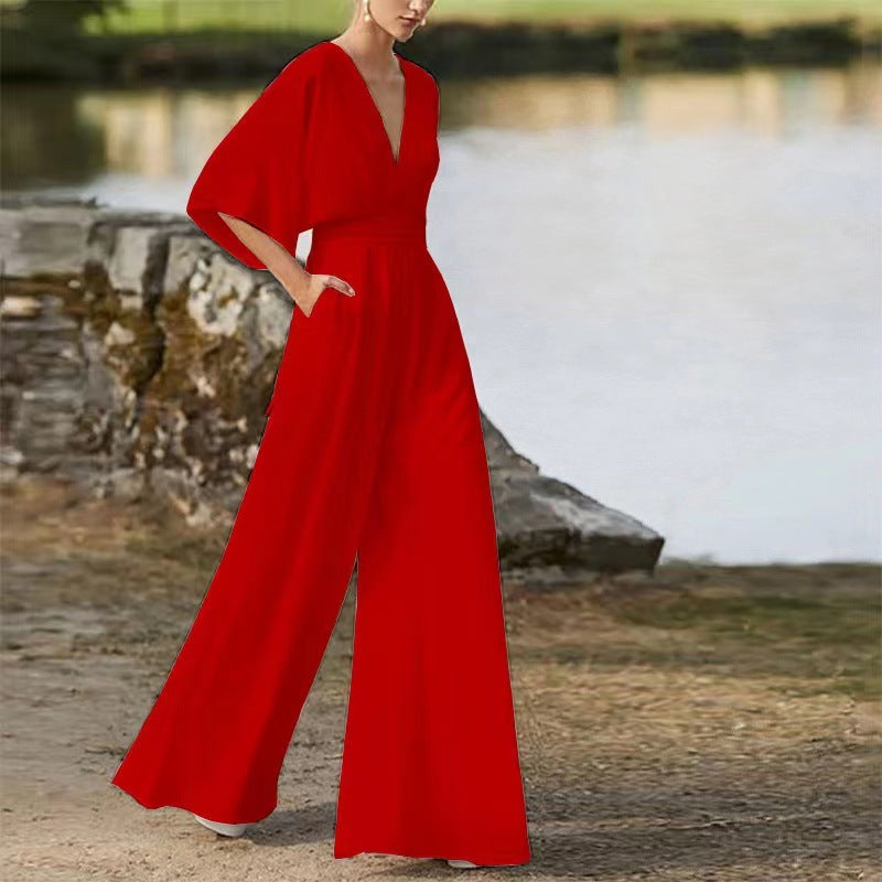 Damen Jumpsuit mit tiefem V-Ausschnitt und weit geschnittenen Beinen Drune