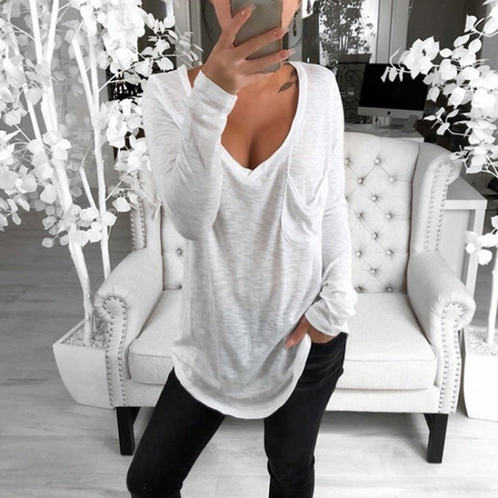 Damen Lässiges Langarmshirt mit tiefem V-Ausschnitt und Brusttasche Drune