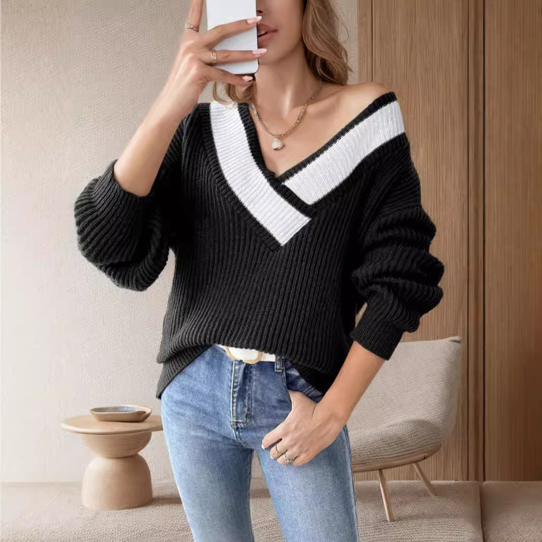 Damen oversized V-Pullover mit strukturiertem Rippstrickdesign Drune