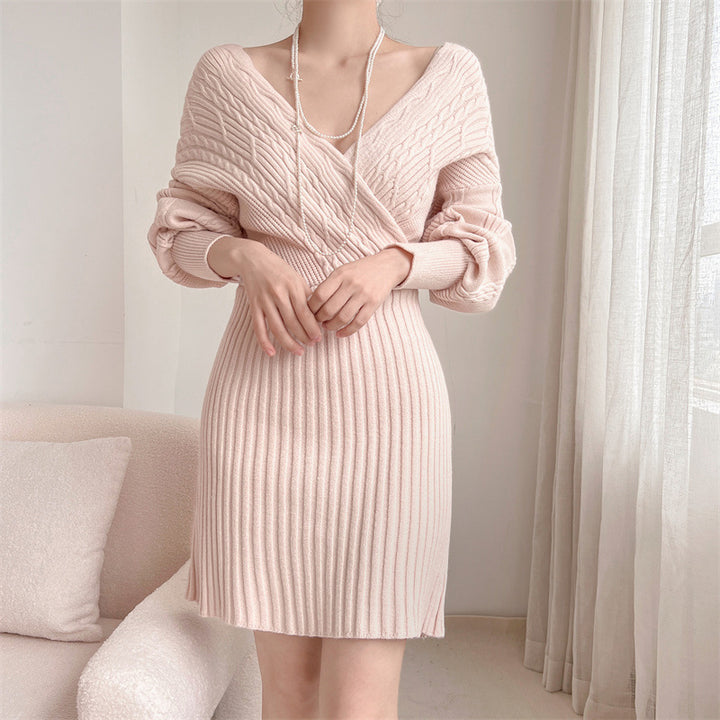 Damen Elegantes Strickkleid mit V-Ausschnitt und strukturiertem Oberteil Drune