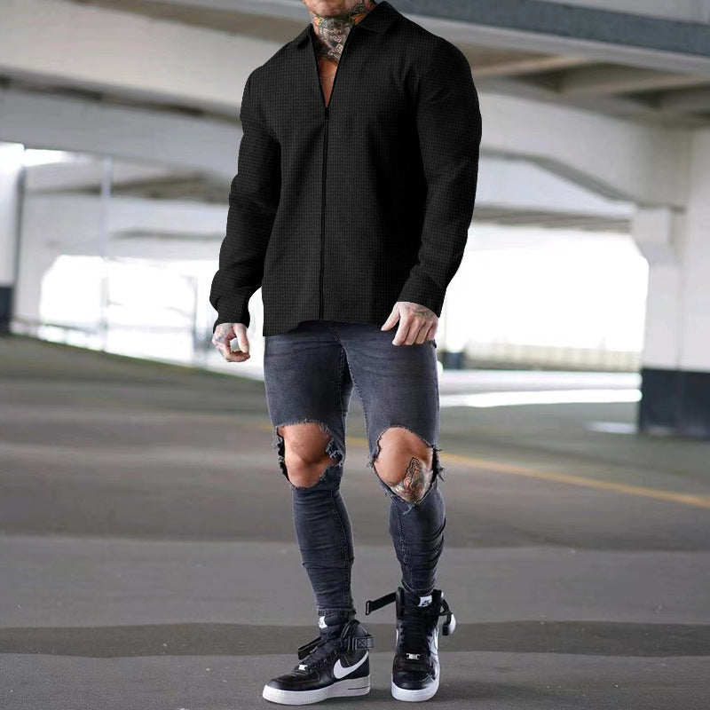 Herren modisches Freizeithemd mit innovativem Strukturdesign und Reißverschluss Drune