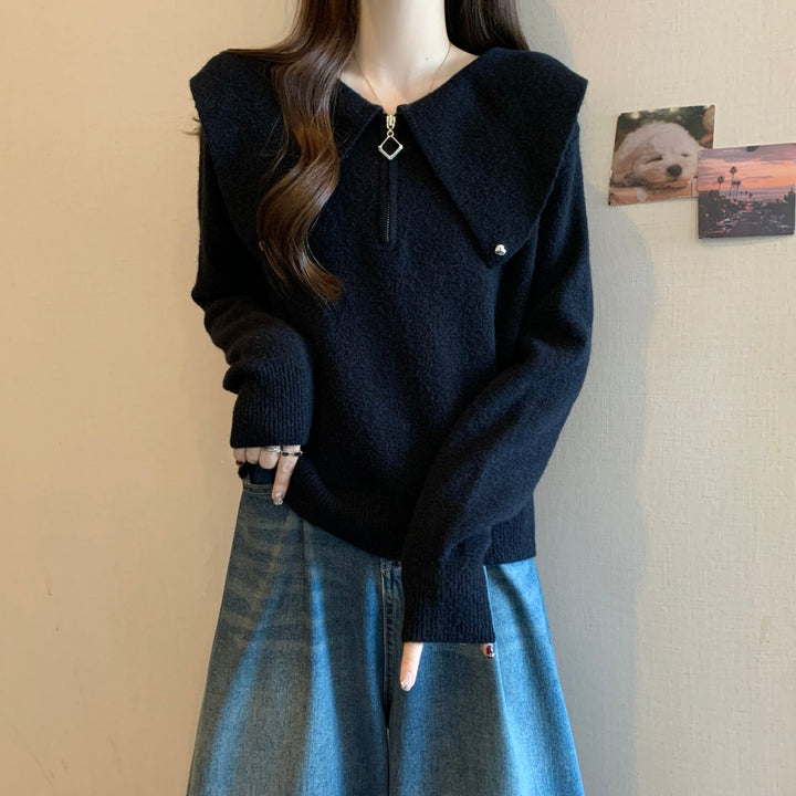 Damen Pullover mit einzigartigem Kragen und dekorativem Reißverschluss Drune
