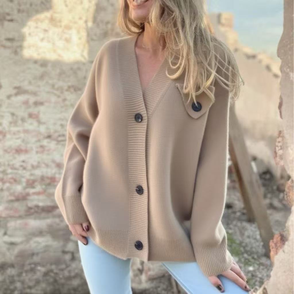 Damen gemütlicher Strick-Cardigan mit Knopfdetails und breiten Ärmel Drune