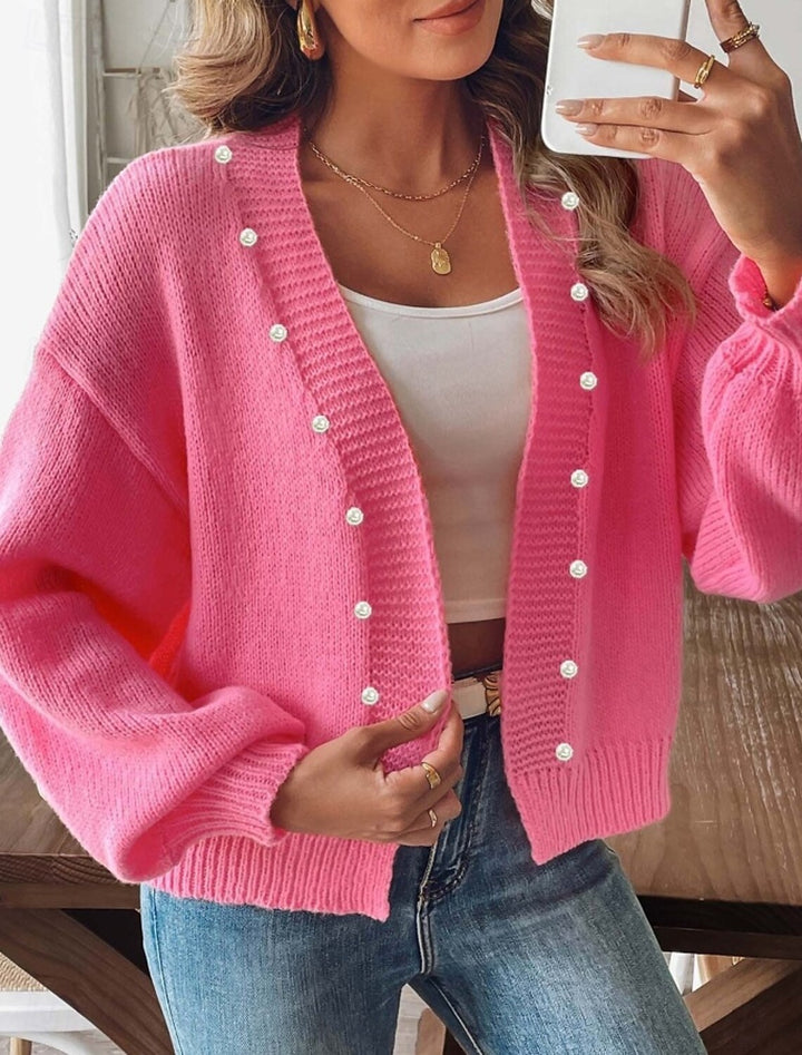 Damen gemütliche Strickjacke mit Perlenknopf-Detail Drune