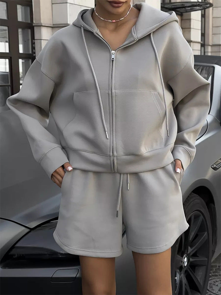 Damen nan kurzes Kapuzen-Sweatshirt mit Reißverschluss und elastischer Highwaist-Relax-Shorts Set Drune