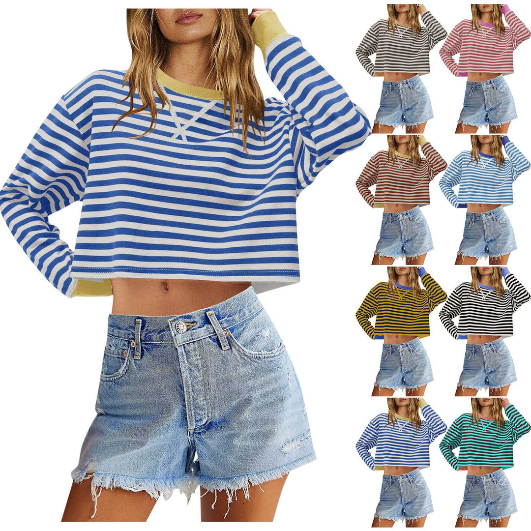 Damen lässiges gestreiftes Crop-Top mit weitem Schnitt Drune