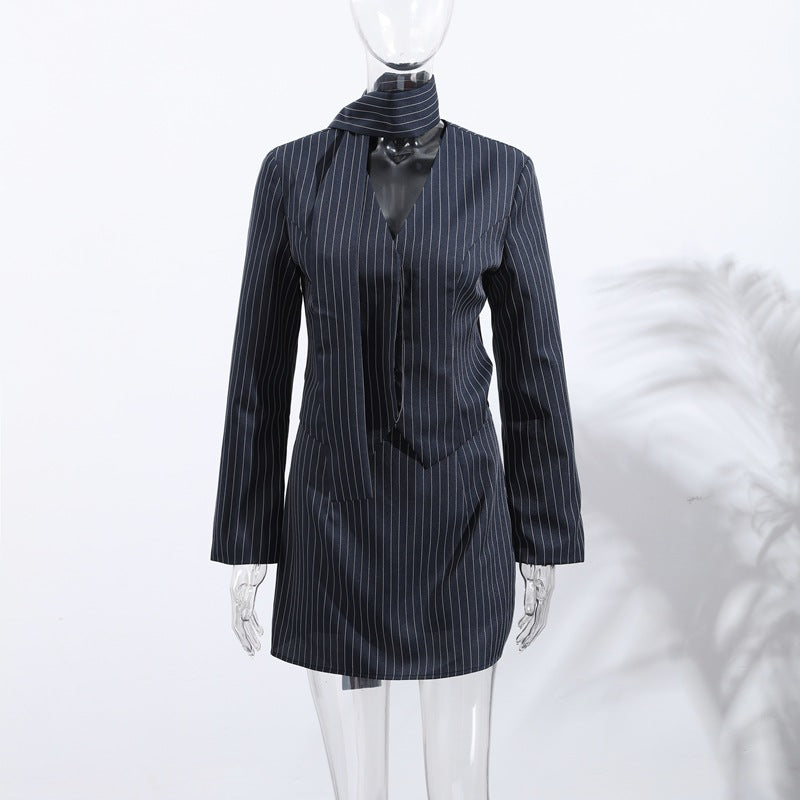 Damen Elegantes Hemdblusenkleid mit feinen Nadelstreifen und Halsband Drune