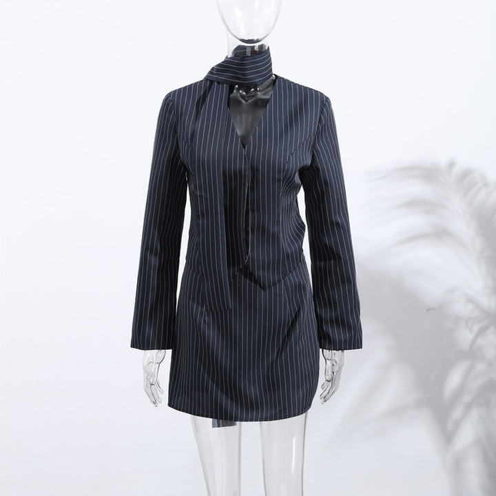 Damen Elegantes Hemdblusenkleid mit feinen Nadelstreifen und Halsband Drune