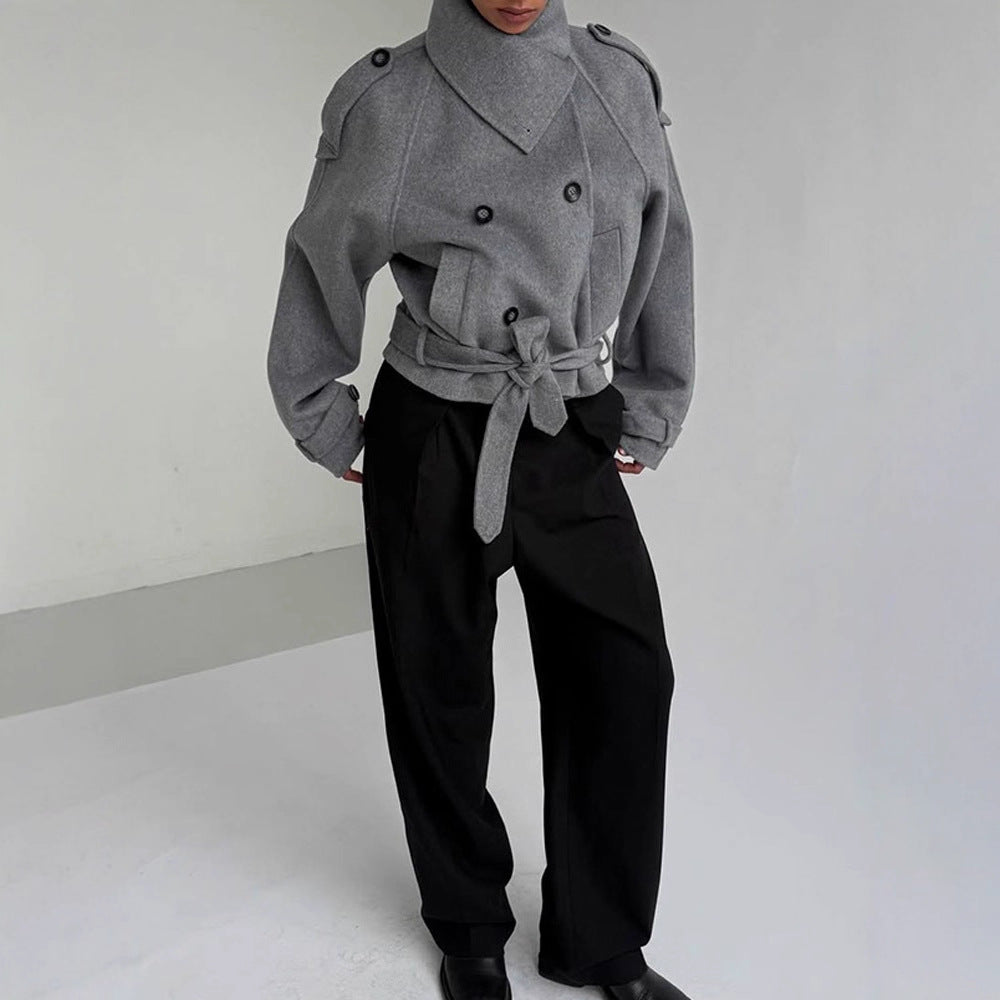 Damen modische Oversized-Wolljacke mit hohem Kragen und Gürtel Drune