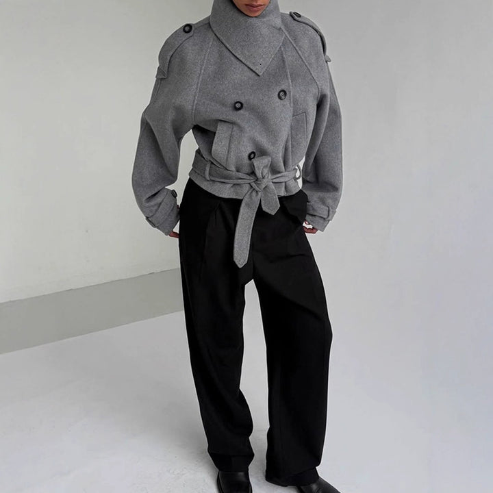 Damen modische Oversized-Wolljacke mit hohem Kragen und Gürtel Drune